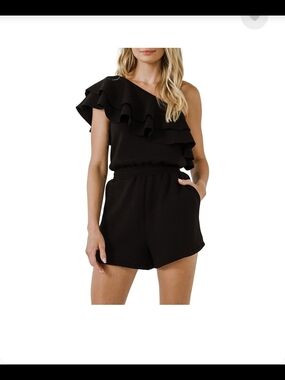 Endless Rose Black One-Shoulder Ruffle Romper
